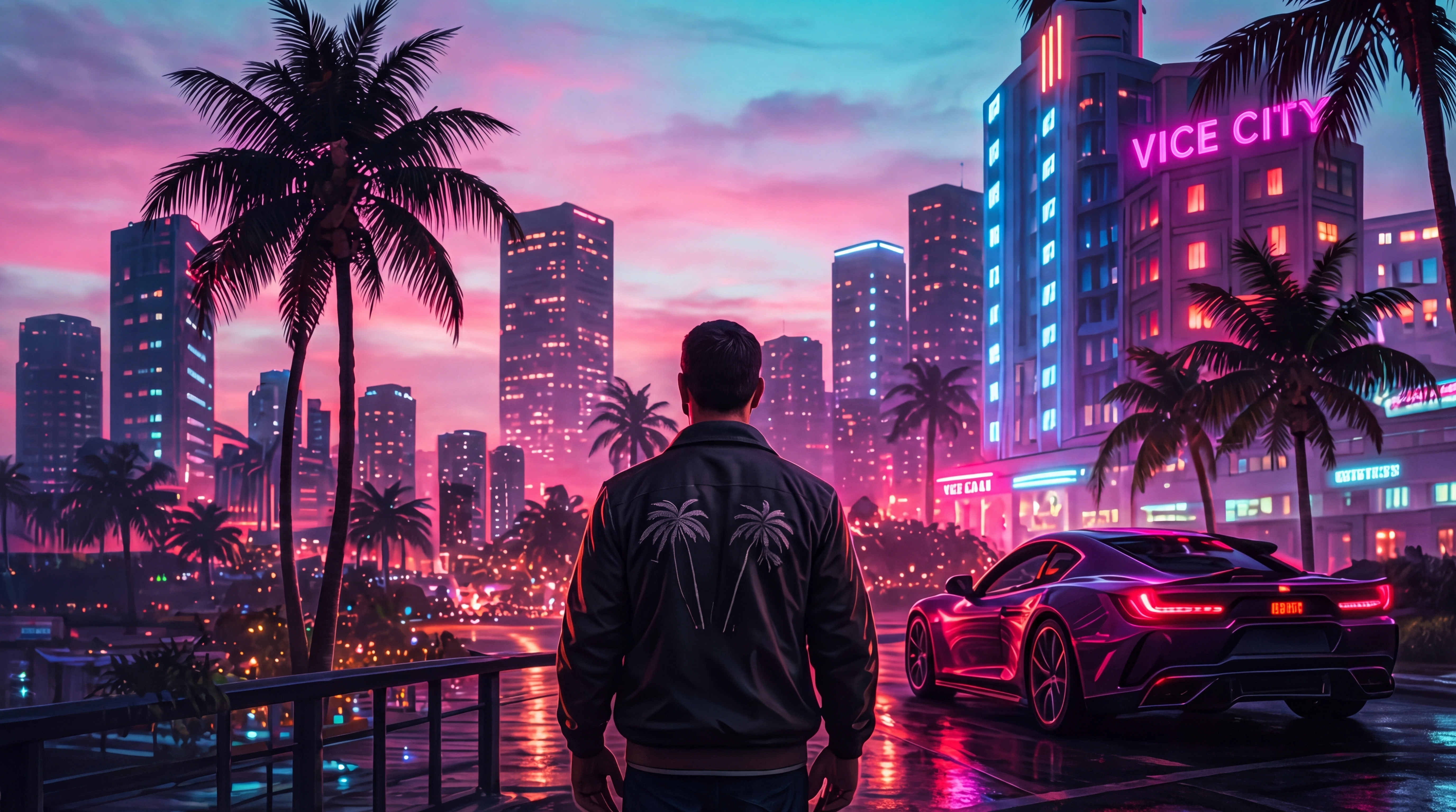 GTA 6 Vice City skyline at sunset